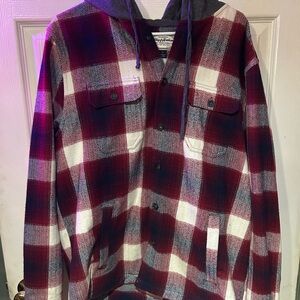 Flag & Anthem Hooded Flannel Shirt Jacket Mens Large Red Plaid Button Up Hoodie